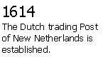 Text Box: 1614The Dutch trading Post of New Netherlands is established.