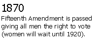 Text Box: 1870Fifteenth Amendment is passed giving all men the right to vote (women will wait until 1920).