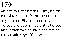 Text Box: 1794An Act to Prohibit the Carrying on the Slave Trade from the U.S. to any foreign Place or country.To see the Law in its entirety, see http://www.yale.edu/lawweb/avalon/statutes/slavery/sl001.htm