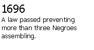 Text Box: 1696A law passed preventing more than three Negroes assembling.